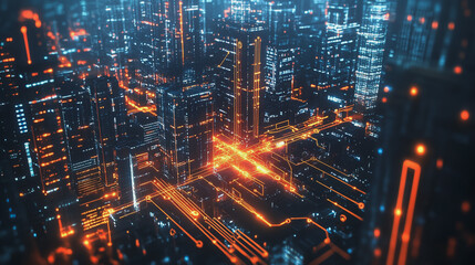 Fototapeta premium Smart digital Innovation city with connection network reciprocity over the cityscape. of future smart wireless city and social media networking systems that connects business people with in city