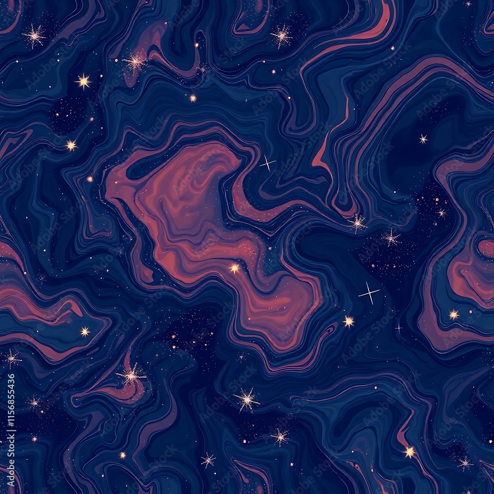 Poster cosmic swirl: a mesmerizing abstract design featuring a swirling nebula of deep blues and dusky pink