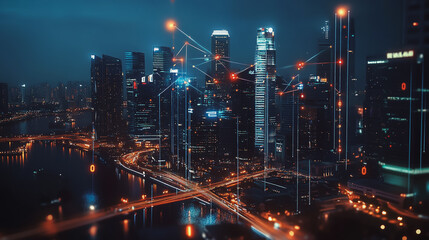 Fototapeta premium Smart digital Innovation city with connection network reciprocity over the cityscape. of future smart wireless city and social media networking systems that connects business people with in city