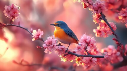 Vibrant blue bird perched on a blossoming pink tree branch at sunset.