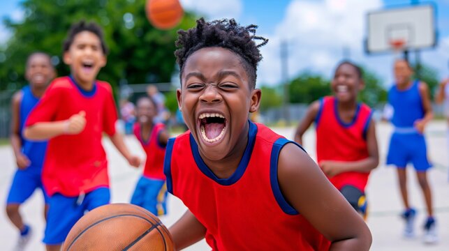 National Youth Day.Energetic children playing basketball outdoors on a sunny day, emphasizing teamwork and joy.