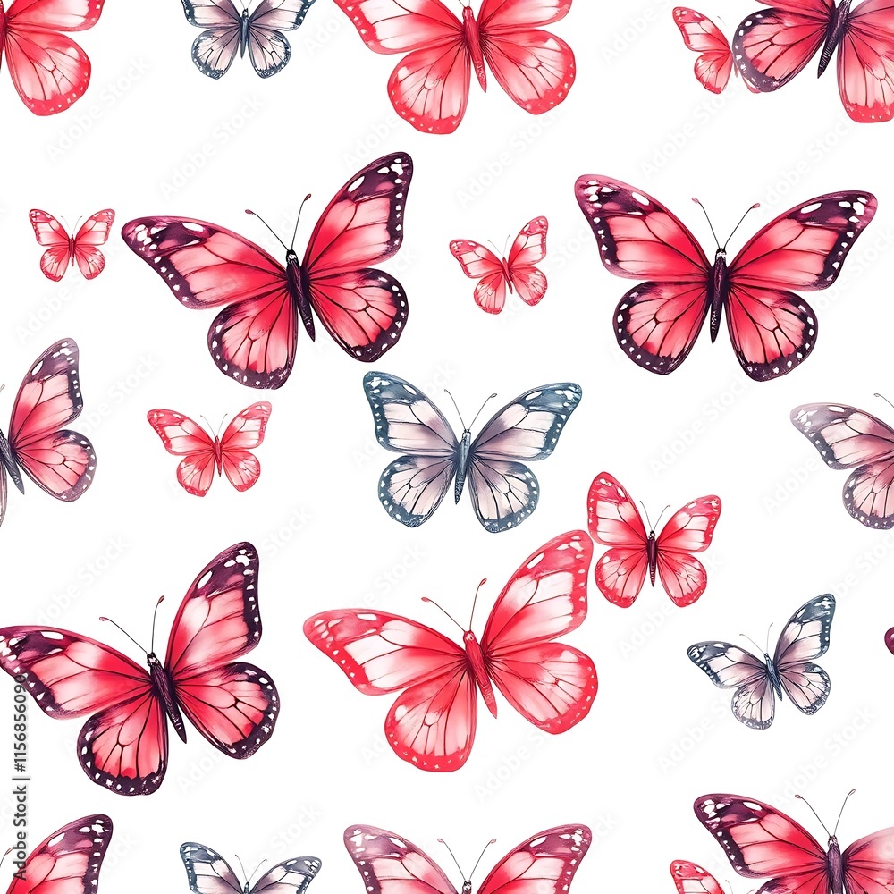 Poster red and gray butterfly pattern: a charming watercolor-style seamless pattern featuring delicate red 