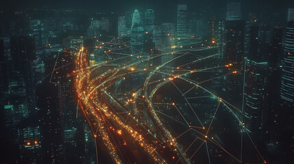 Obraz premium Smart digital Innovation city with connection network reciprocity over the cityscape. of future smart wireless city and social media networking systems that connects business people with in city
