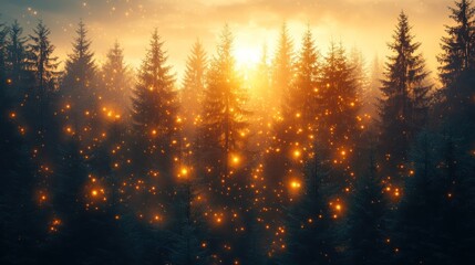 A serene forest at sunset, illuminated by glowing lights, creating a magical atmosphere.