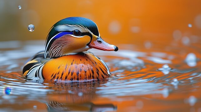Vibrant Mandarin duck swimming in calm water, showcasing its iridescent plumage and distinctive markings. - Powered by Adobe