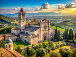 Naklejka premium Assisi Italy Landscape Basilica Santa Chiara Church Hilltop Scenic View