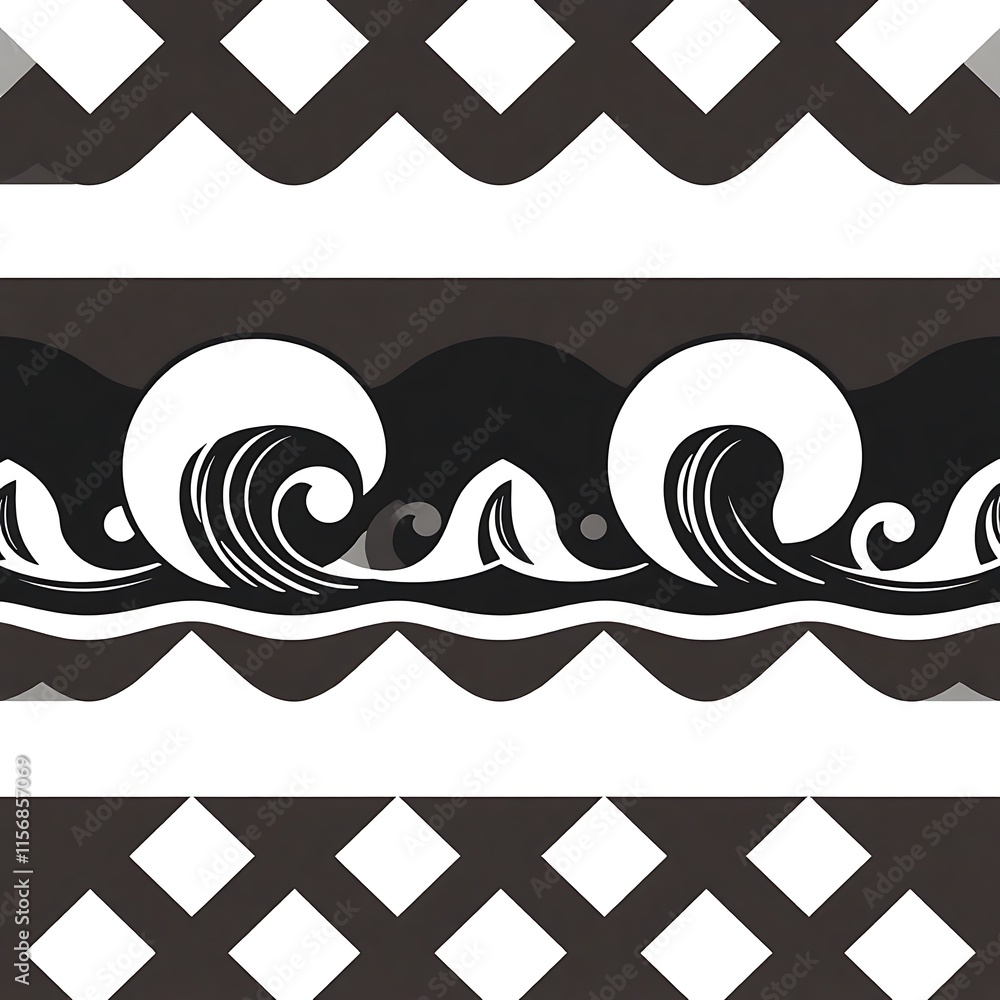 Poster seamless ocean waves pattern: a captivating geometric pattern featuring stylized waves crashing agai