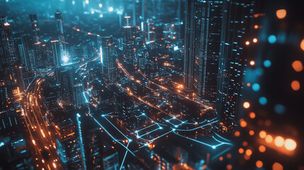 Fototapeta premium Smart digital Innovation city with connection network reciprocity over the cityscape. of future smart wireless city and social media networking systems that connects business people with in city