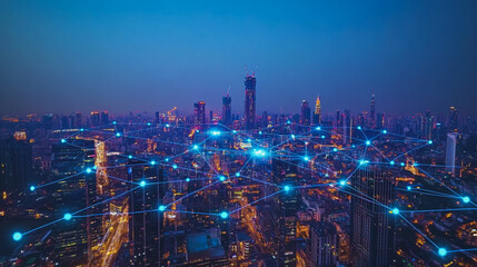 Obraz premium Smart digital Innovation city with connection network reciprocity over the cityscape. of future smart wireless city and social media networking systems that connects business people with in city