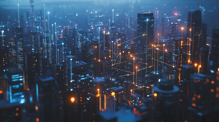 Obraz premium Smart digital Innovation city with connection network reciprocity over the cityscape. of future smart wireless city and social media networking systems that connects business people with in city