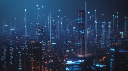 Smart digital Innovation city with connection network reciprocity over the cityscape. of future smart wireless city and social media networking systems that connects business people with in city