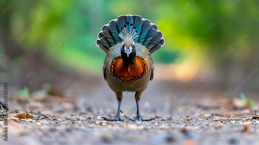 Poster colorful bird displaying feathers on a forest pathway