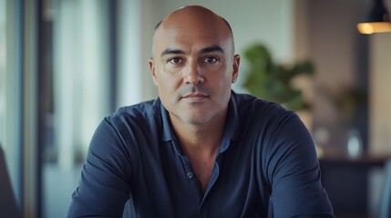 Naklejka premium Close-up Photo: Confident Man Calmly Gazing, Modern Office Setting. AI Generated