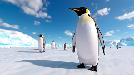 Obraz premium Emperor Penguin Standing on Snowy Landscape with Icebergs in Background