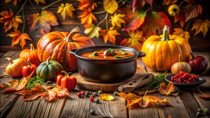 Autumn Stew in Black Pot, Pumpkins & Fall Leaves on Rustic Wooden Table
