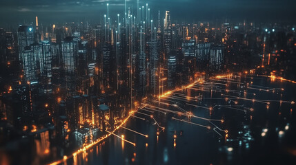 Smart digital Innovation city with connection network reciprocity over the cityscape. of future smart wireless city and social media networking systems that connects business people with in city