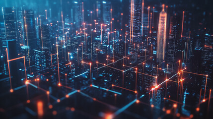 Obraz premium Smart digital Innovation city with connection network reciprocity over the cityscape. of future smart wireless city and social media networking systems that connects business people with in city