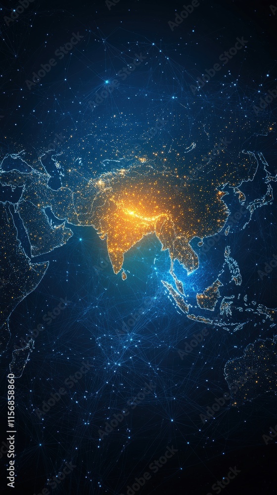 Poster stunning abstract representation of asia with illuminated network lines and points of light against 