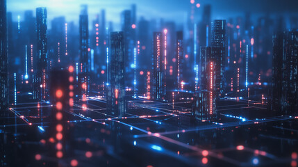 Fototapeta premium Smart digital Innovation city with connection network reciprocity over the cityscape. of future smart wireless city and social media networking systems that connects business people with in city
