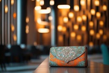 Elegant Floral Clutch on Polished Surface in Modern Restaurant with Soft Lighting, Perfect for Fashion Accessories and Stylish Events