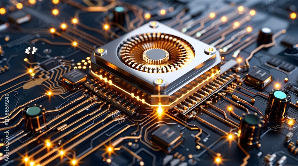 Poster close-up view of a high-tech microprocessor on circuit board