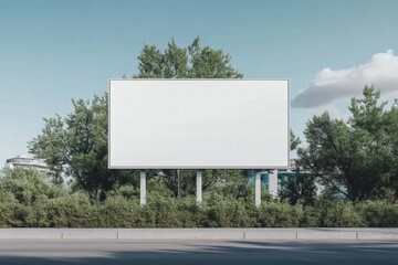 Blank Billboard Mockup:  A large, blank billboard stands beside a road, surrounded by lush green trees under a clear sky. Perfect for showcasing your designs. 