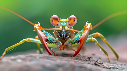 Colorful Praying Mantis Close-Up with Vibrant Green Background
