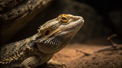 Obraz premium Bearded Dragon Lizard in Low Light, Nighttime Reptile Portrait, Close-Up
