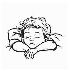 Funny Sleeping Child Face Illustration with Open Mouth Resting Peacefully on a Bed image vector.