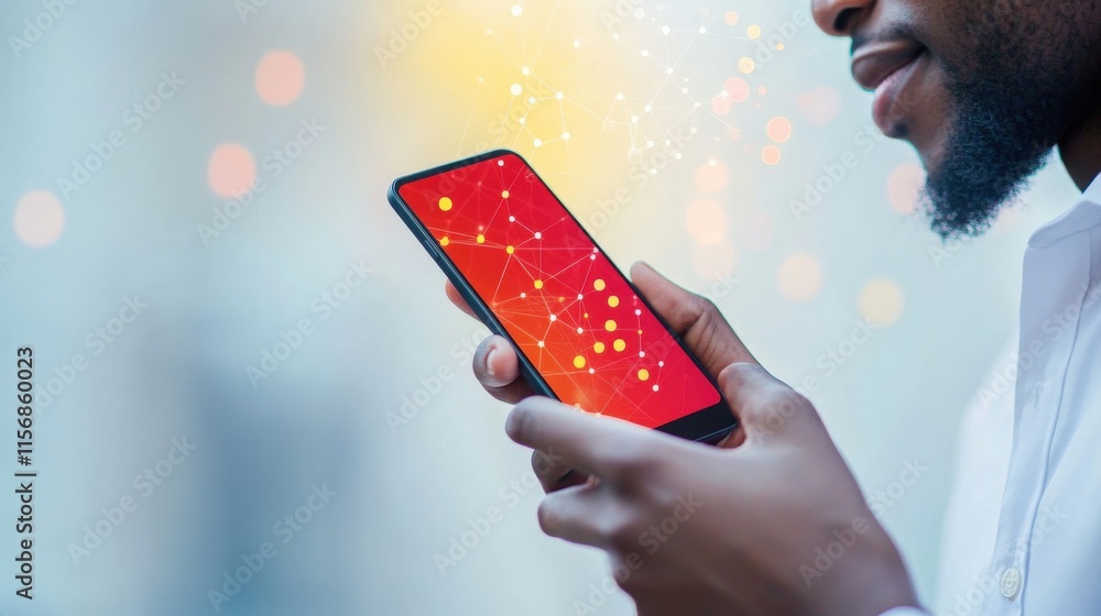 Aufkleber close-up of a man holding a smartphone with abstract digital connections and colorful background dep