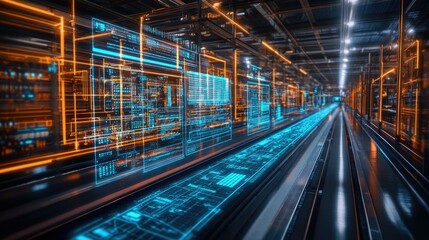 Fototapeta premium Futuristic data center corridor with glowing holographic displays showing data streams and network information.