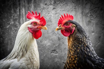 Fototapeta premium Black and White Chickens Facing Off: Candid Black and White Poultry Photography