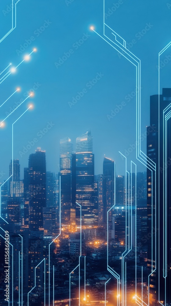 Aufkleber urban skyline at dusk with digital circuit patterns illustrating the connection between technology a