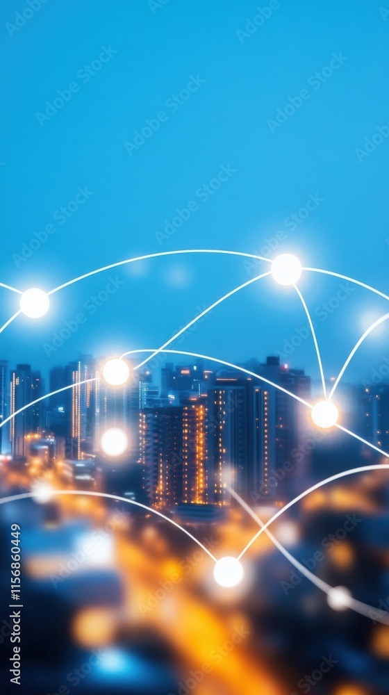 Poster abstract representation of urban connectivity in a modern city at dusk, featuring glowing network li