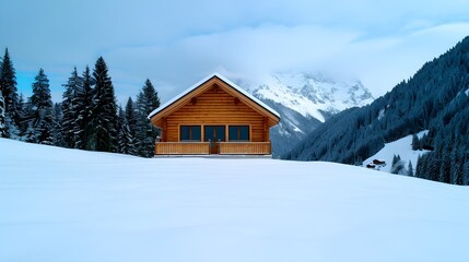 Cozy Wooden Cabin Surrounded by Snowy Mountains and Pine Trees
