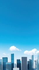 Fototapeta premium Modern Urban Skyline Against Clear Blue Sky with Fluffy White Clouds, Featuring Tall Buildings and Contemporary Architecture in a Bustling City Environment