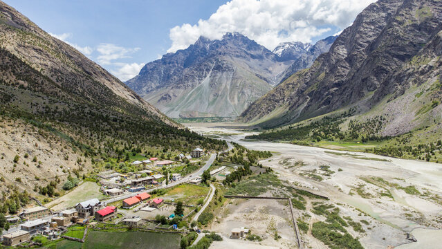 An aerial view of beautiful himalayan mountains and chenab river at tandi piukar leh manali highway lahaul himachal pradesh, India.