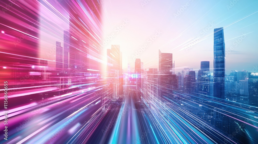Poster dynamic cityscape with vibrant light trails representing speed and technological progress in a futur