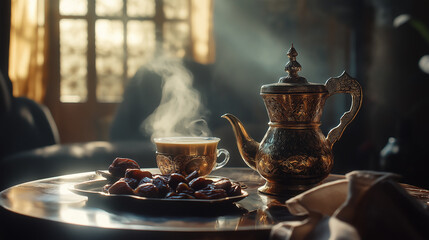 Ornate Arabic coffee maker with a traditional tray of dates and nuts, soft morning light streaming through
