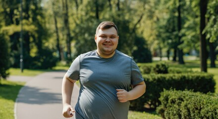 Fototapeta premium Energetic young caucasian male jogging in park for outdoor fitness and wellness