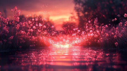 Magical Sunset: Pink Flowers and Glowing Water