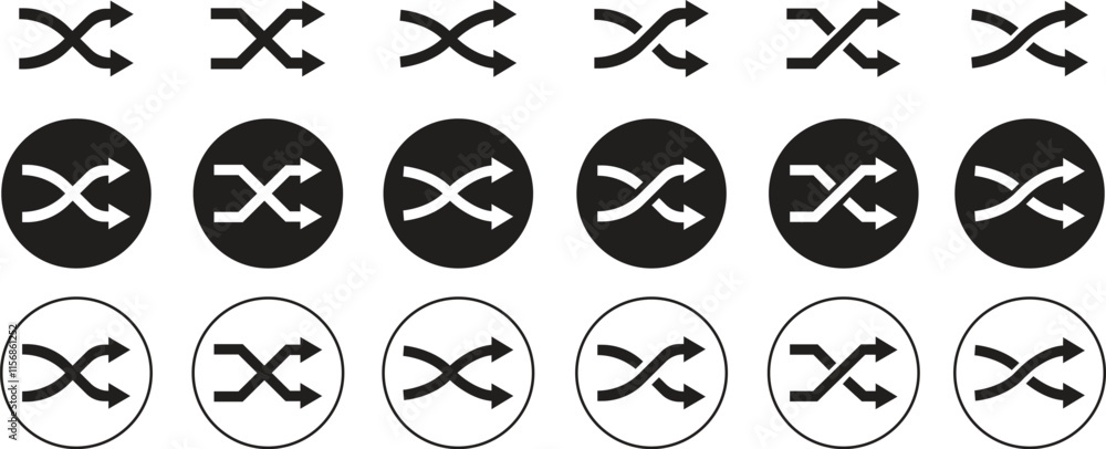 Poster shuffle icons set in flat styles. random playlist. mix music. cross shuffle vectors symbols for web 