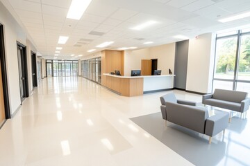 Bright Modern Reception Area with Minimalist Design and Sleek Furniture in a Well-Lit Office Environment Featuring Large Windows and Open Space