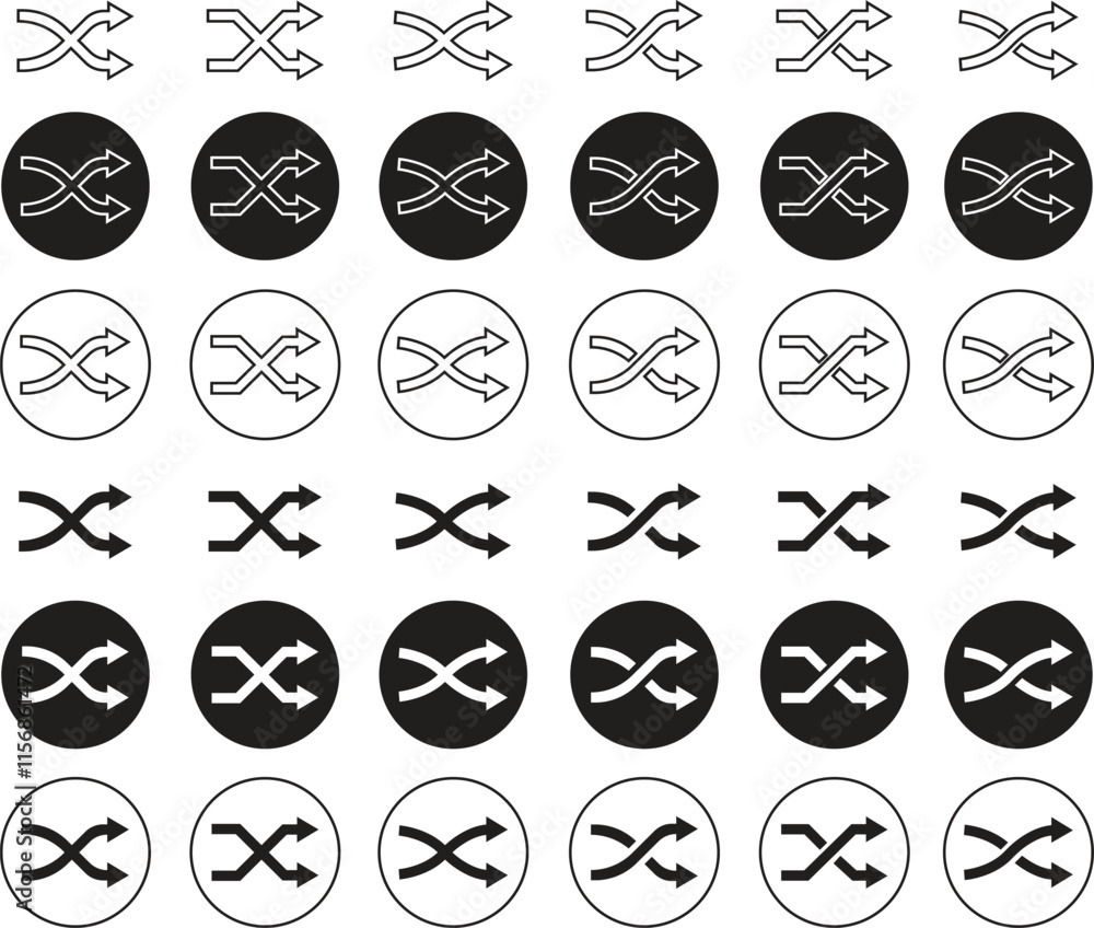 Poster shuffle flat and line icons set . random playlist. mix music. cross shuffle vectors symbols for web 