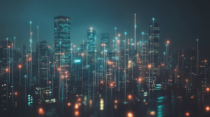 Obraz premium Smart digital Innovation city with connection network reciprocity over the cityscape. of future smart wireless city and social media networking systems that connects business people with in city