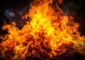 Blazing Inferno: Intense Fire Flames on Black Background Stock Photo