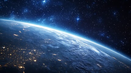 Fototapeta premium Stunning Wide Shot Photo: Earth Gleaming Brilliantly Amidst a Starry Cosmos. AI Generated