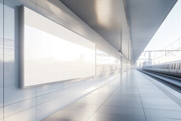 Obraz premium Train Station Billboard Mockup: Modern, sleek train station platform with two large blank billboards ready for your design. Perfect for advertising, transportation, and urban themes. 