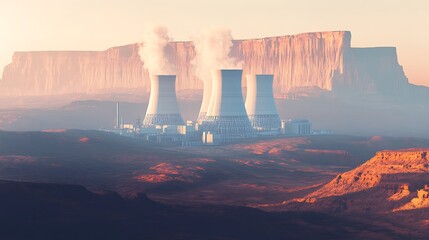 Majestic Wide Shot Photo: Nuclear Power Plant Silhouetted Against Dramatic Desert Cliffs at Dawn. AI Generated