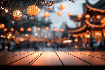 Celebrating chinese new year with an empty wooden table in a blurred festive environment